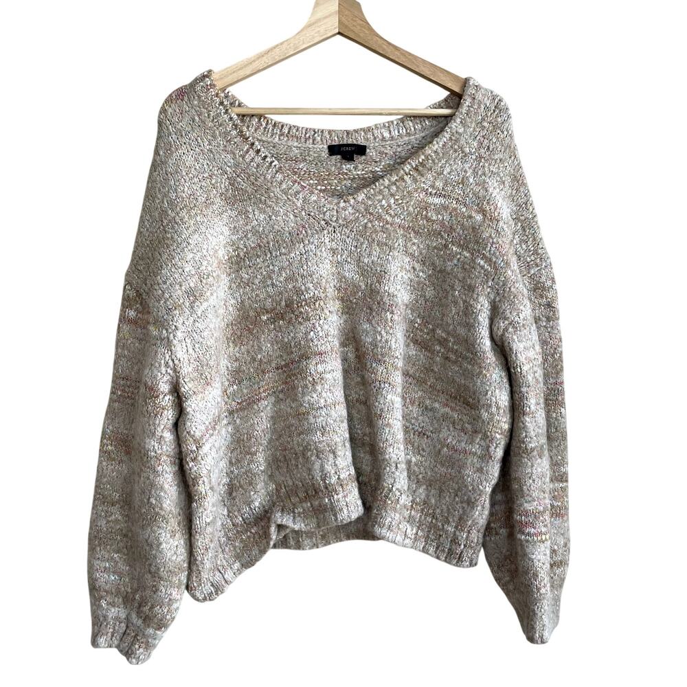 J.Crew wool alpaca blend knit v-neck chunky tan sweater women's size XL warm